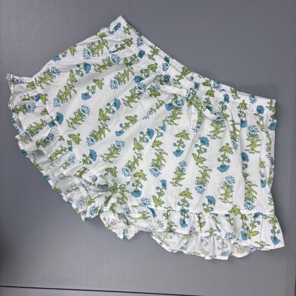 Piyama womens XS white blue green floral ruffle lounge pajama shorts 100% cotton - Picture 1 of 6